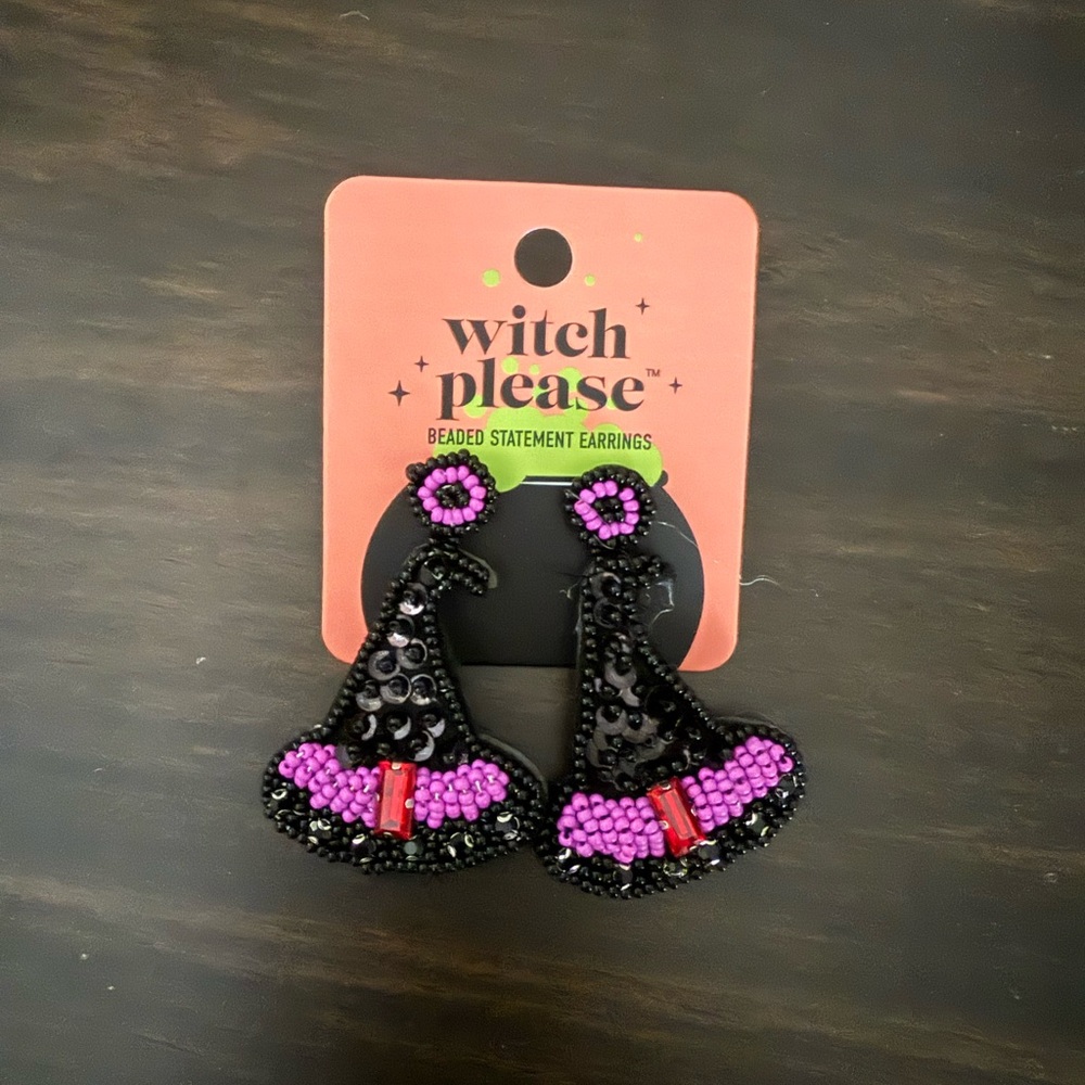 Beaded Statement Earrings - Black and Purple Witch Hat
